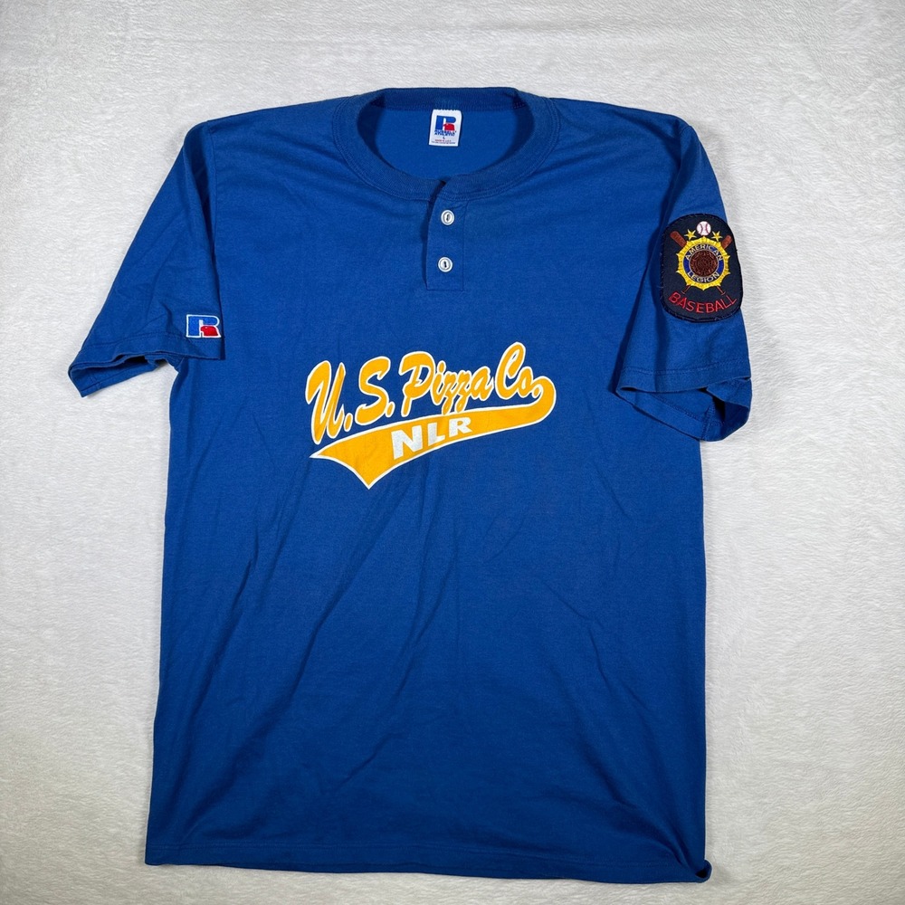 Russell Athletic US Pizza Co NLR Baseball Jersey Mens Large Blue Henly Patch USA